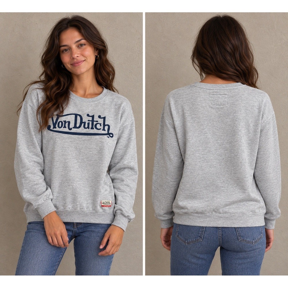 Von Dutch Crewneck Sweatshirt Womens Size 6 Relaxed Fit Gray Pullover Sweater